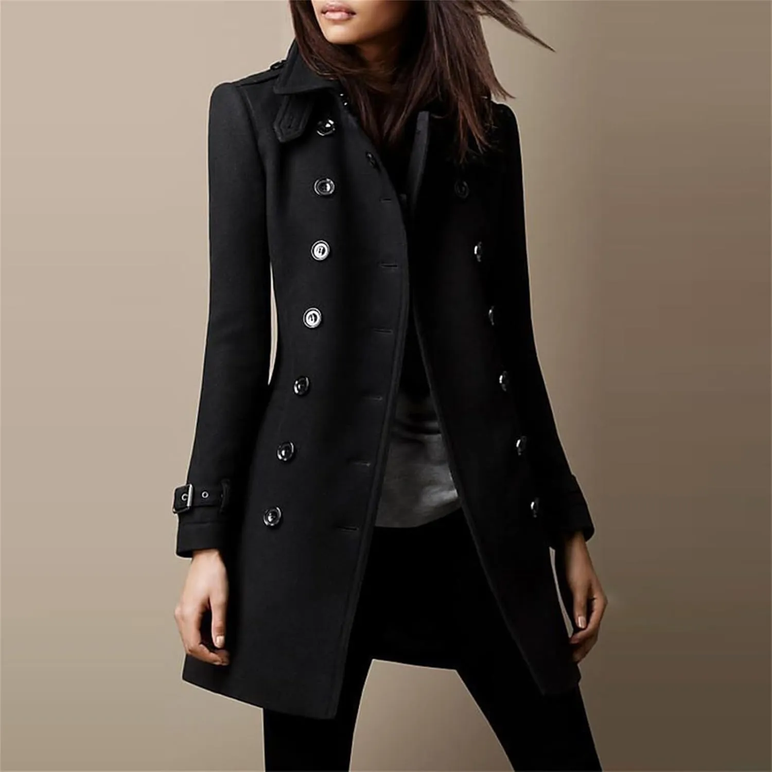 Women's 2024 Fashion Trench Coat Notch Lapel Double Breasted Thick A Line Pea Coats Jacket with Pockets