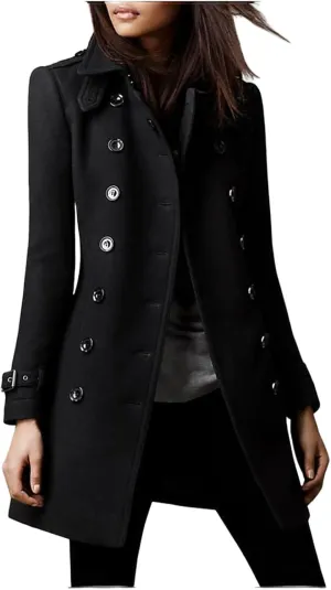 Women's 2024 Fashion Trench Coat Notch Lapel Double Breasted Thick A Line Pea Coats Jacket with Pockets