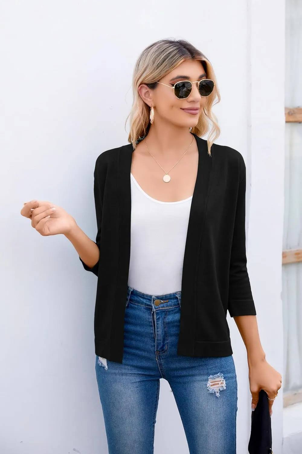 Women's 3/4 Sleeve Open Front Cropped Cardigan Sweater Elegant Shrugs for Women