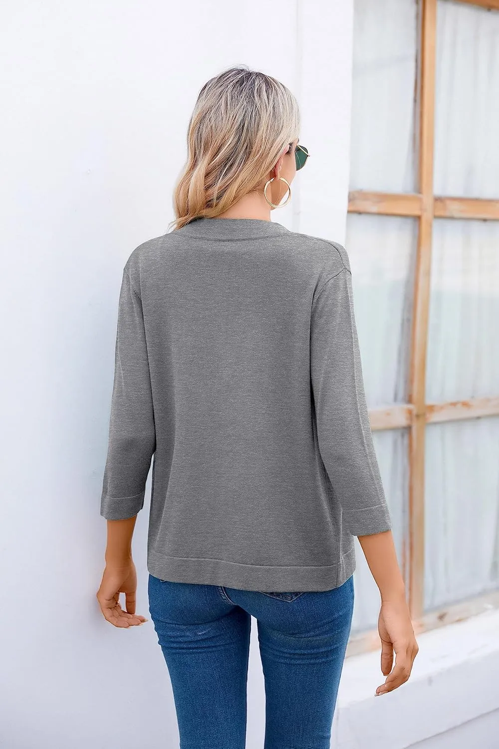Women's 3/4 Sleeve Open Front Cropped Cardigan Sweater Elegant Shrugs for Women