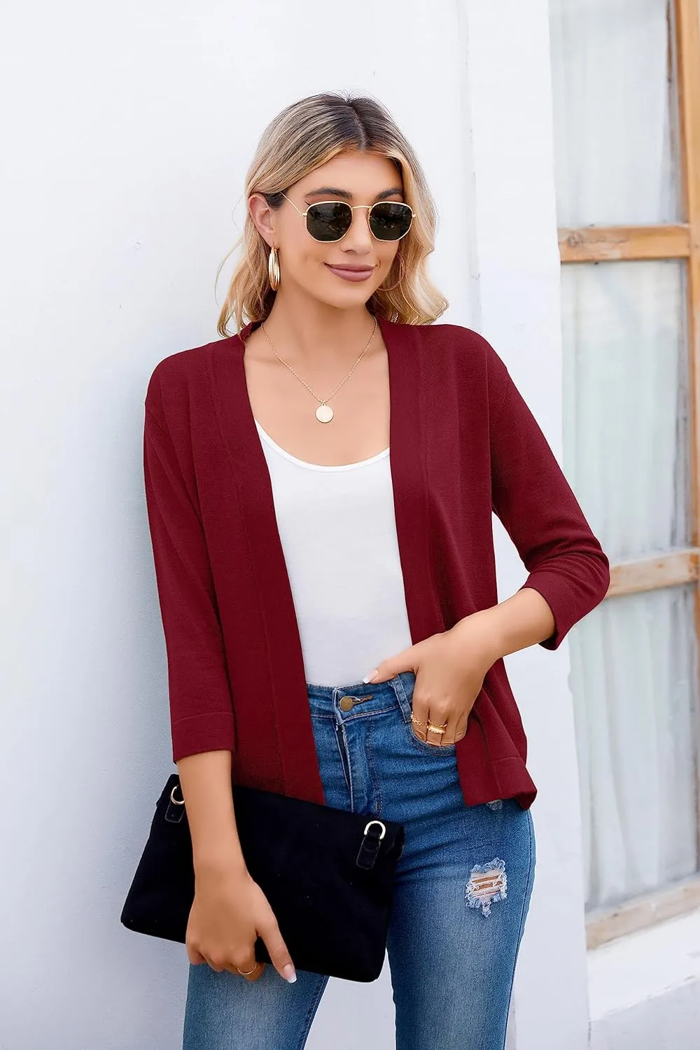 Women's 3/4 Sleeve Open Front Cropped Cardigan Sweater Elegant Shrugs for Women