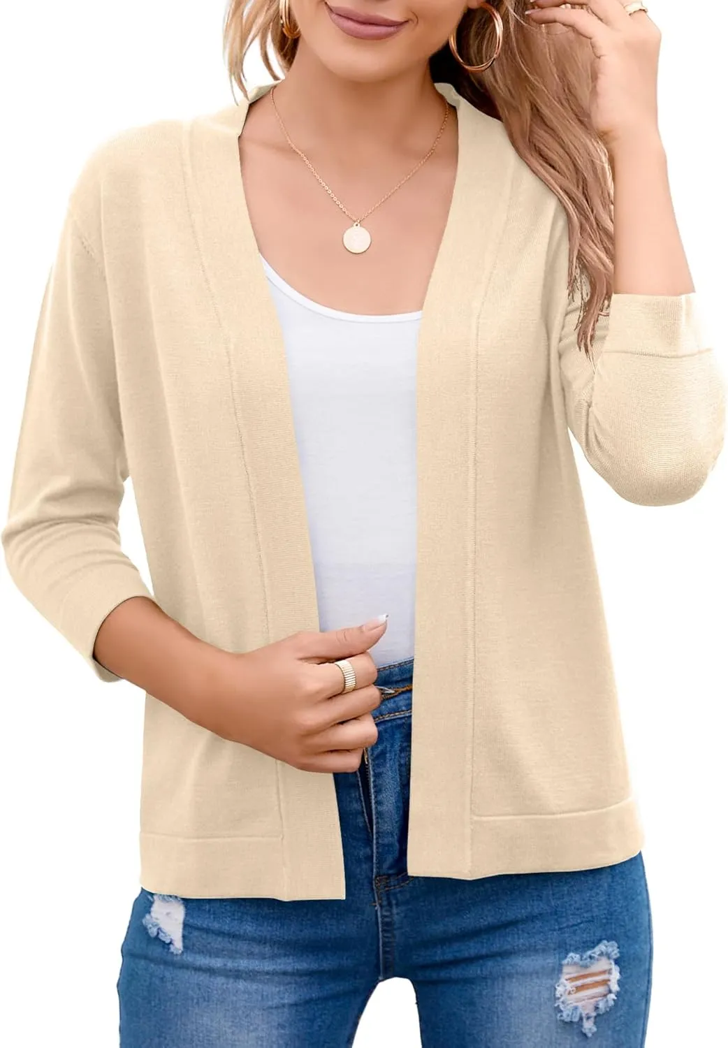 Women's 3/4 Sleeve Open Front Cropped Cardigan Sweater Elegant Shrugs for Women