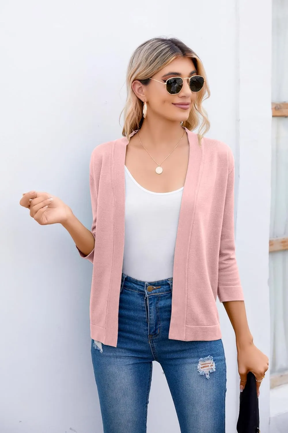 Women's 3/4 Sleeve Open Front Cropped Cardigan Sweater Elegant Shrugs for Women