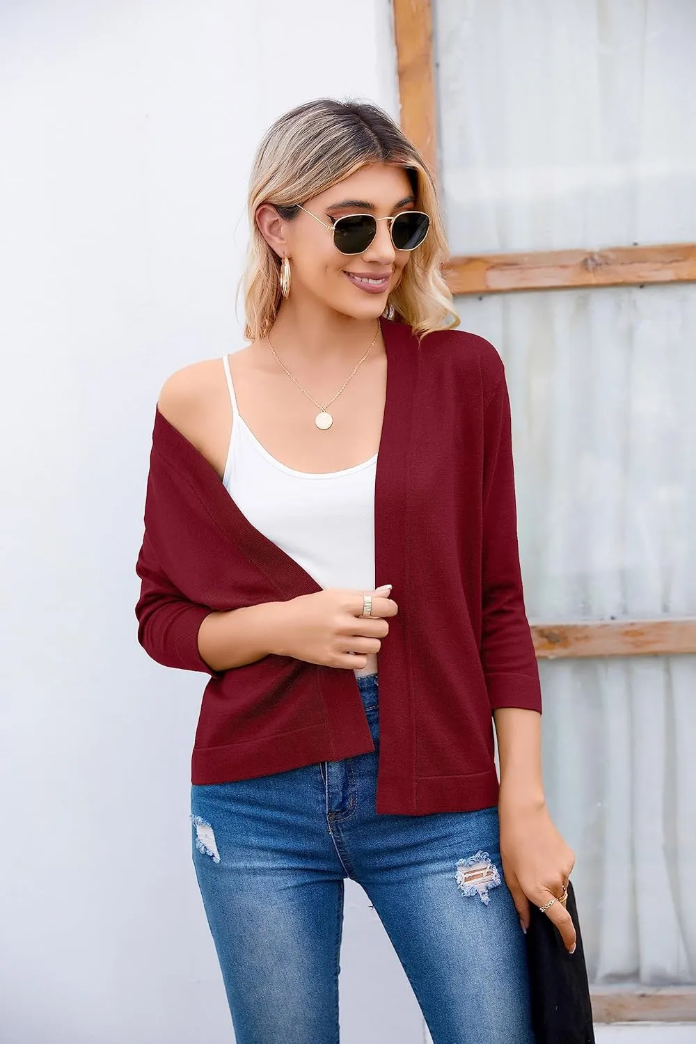 Women's 3/4 Sleeve Open Front Cropped Cardigan Sweater Elegant Shrugs for Women
