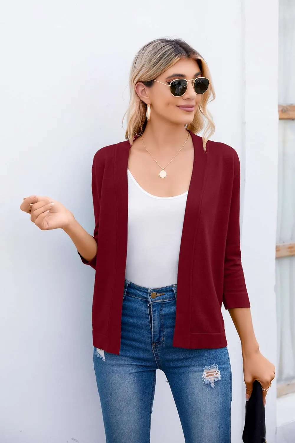 Women's 3/4 Sleeve Open Front Cropped Cardigan Sweater Elegant Shrugs for Women