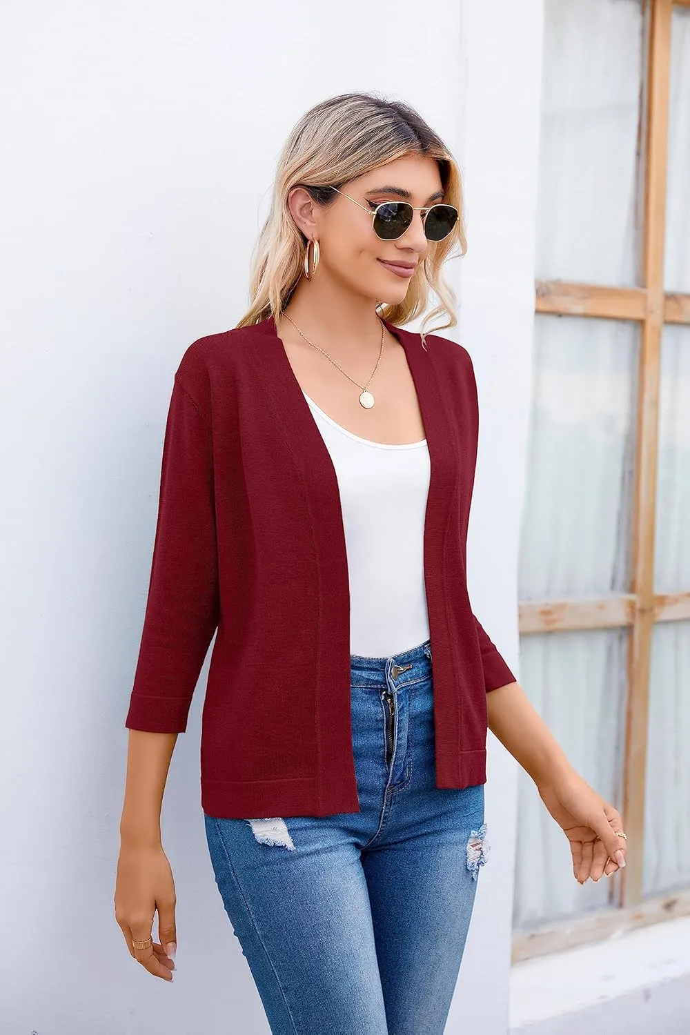 Women's 3/4 Sleeve Open Front Cropped Cardigan Sweater Elegant Shrugs for Women