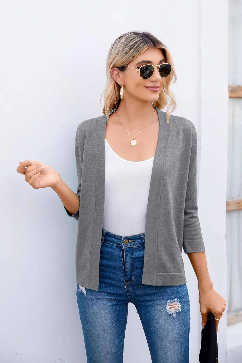 Women's 3/4 Sleeve Open Front Cropped Cardigan Sweater Elegant Shrugs for Women