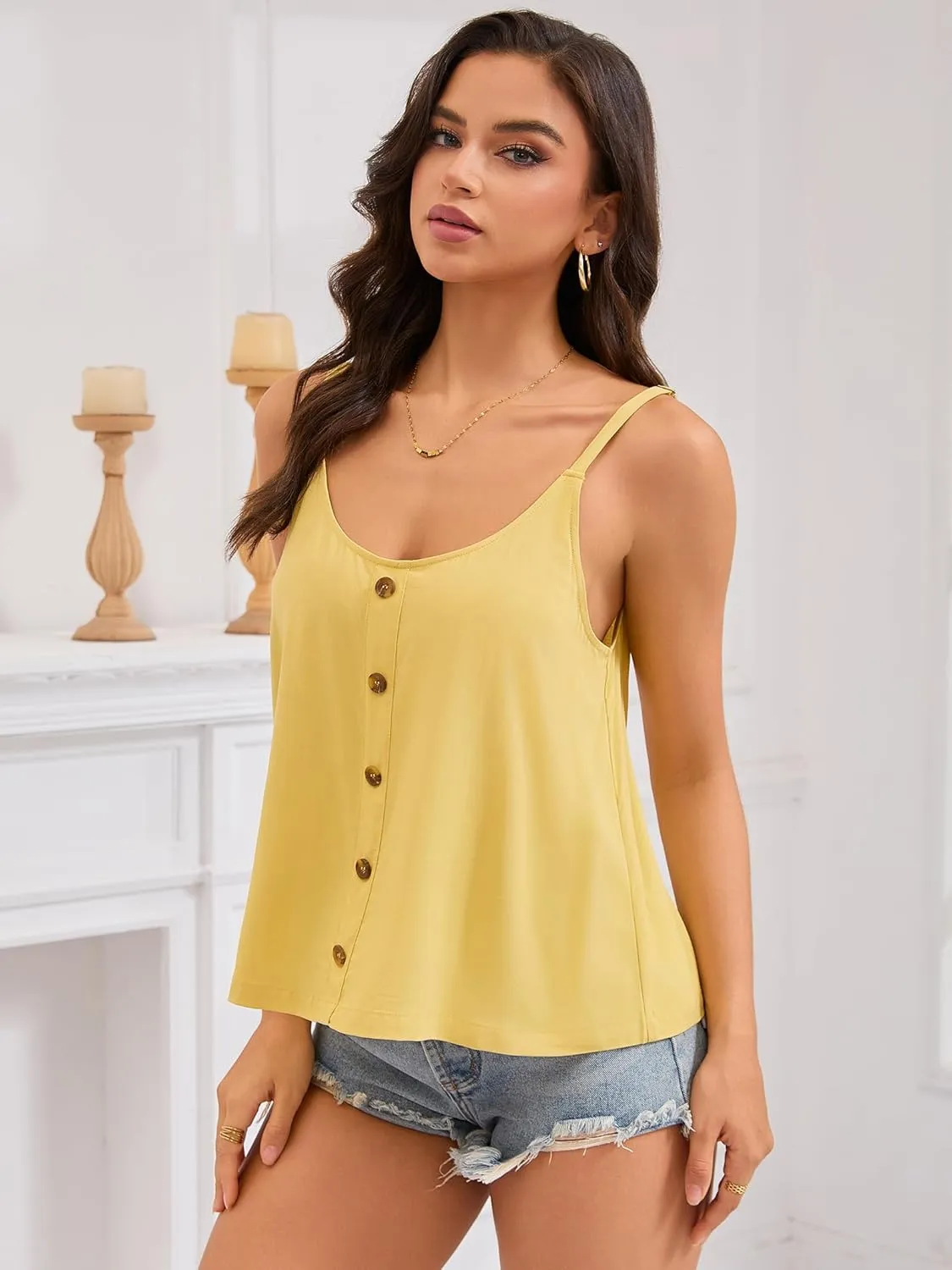 Women's Adjustable Spaghetti Straps Button Camisole Blouse Loose Flowy Shirt Tank Tops for Casual Summer Beach