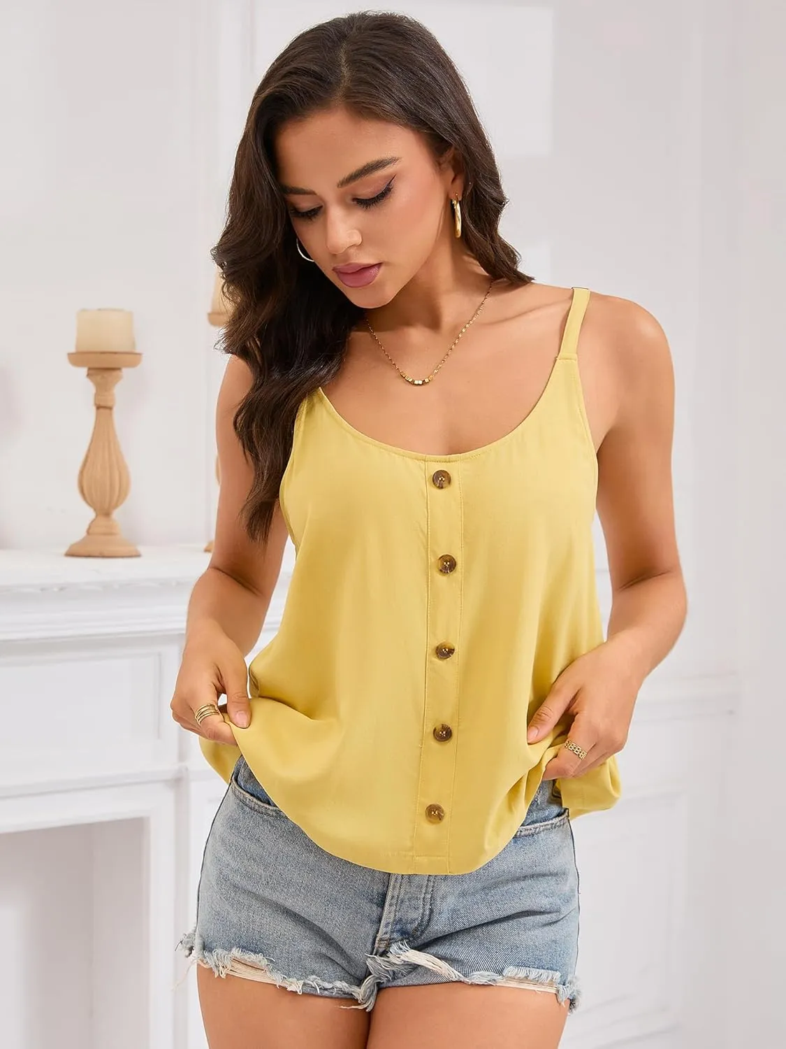 Women's Adjustable Spaghetti Straps Button Camisole Blouse Loose Flowy Shirt Tank Tops for Casual Summer Beach