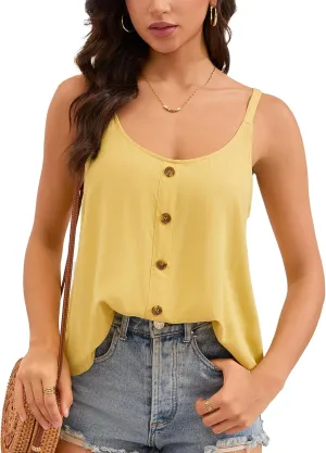 Women's Adjustable Spaghetti Straps Button Camisole Blouse Loose Flowy Shirt Tank Tops for Casual Summer Beach