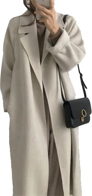 Womens Belted Winter Wool Coat Notch Lapel Wool Blend Peacoat Overcoat Casual Open Front Long Jacket Trench Coats