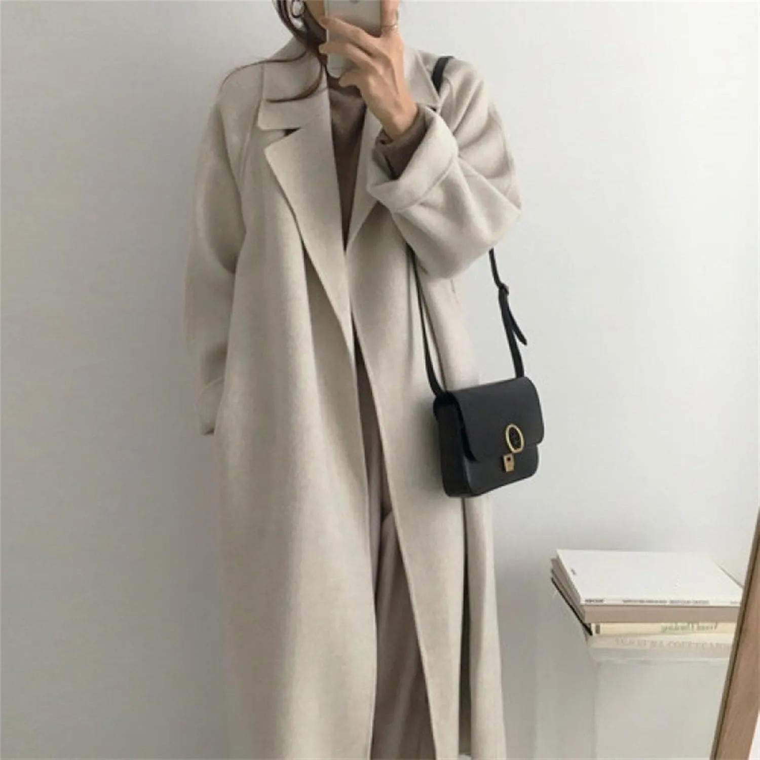 Womens Belted Winter Wool Coat Notch Lapel Wool Blend Peacoat Overcoat Casual Open Front Long Jacket Trench Coats