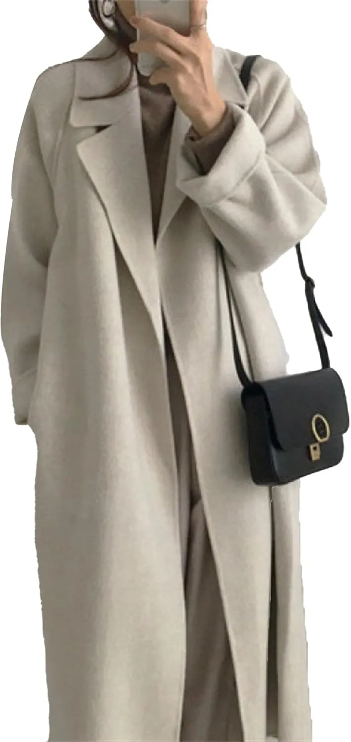 Womens Belted Winter Wool Coat Notch Lapel Wool Blend Peacoat Overcoat Casual Open Front Long Jacket Trench Coats