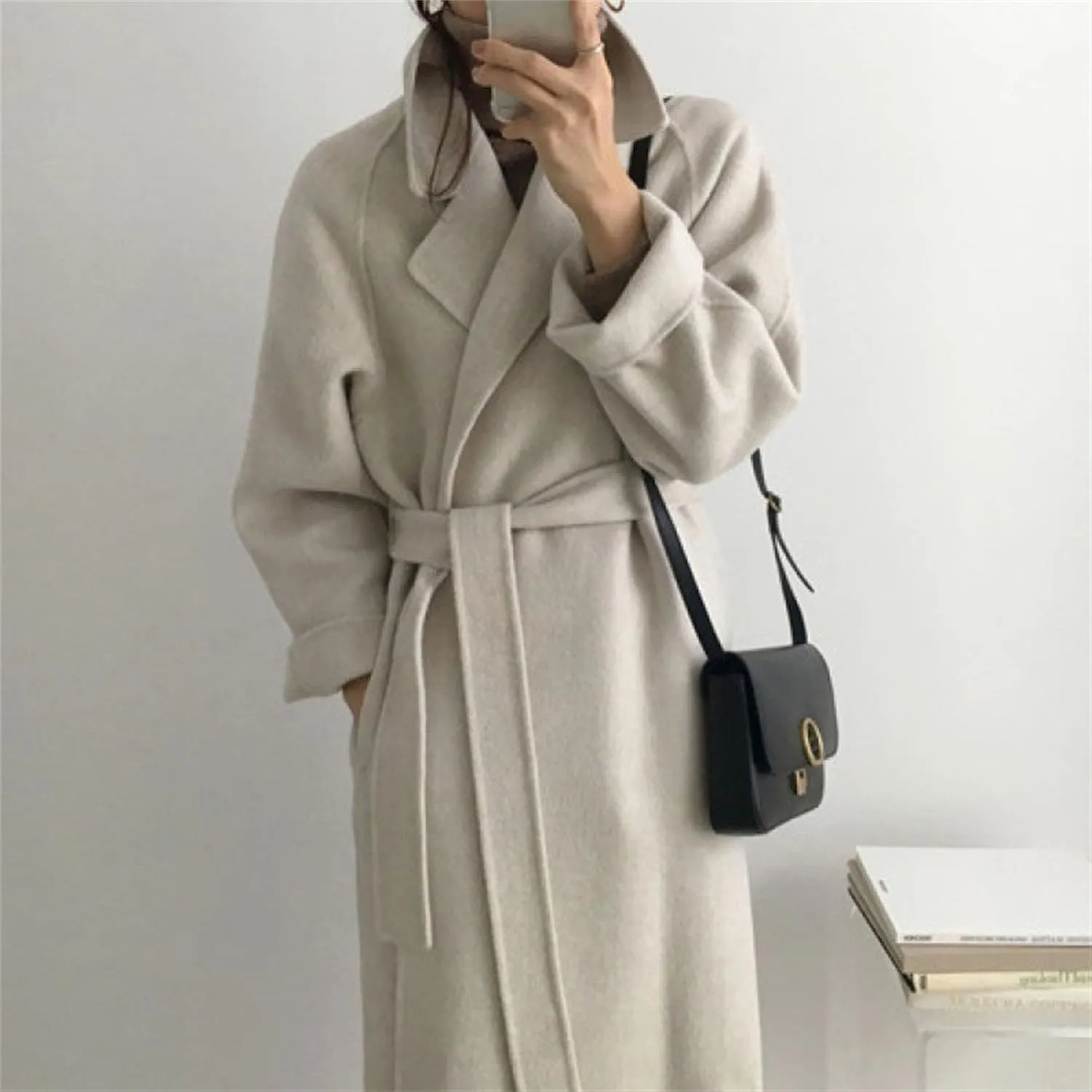 Womens Belted Winter Wool Coat Notch Lapel Wool Blend Peacoat Overcoat Casual Open Front Long Jacket Trench Coats