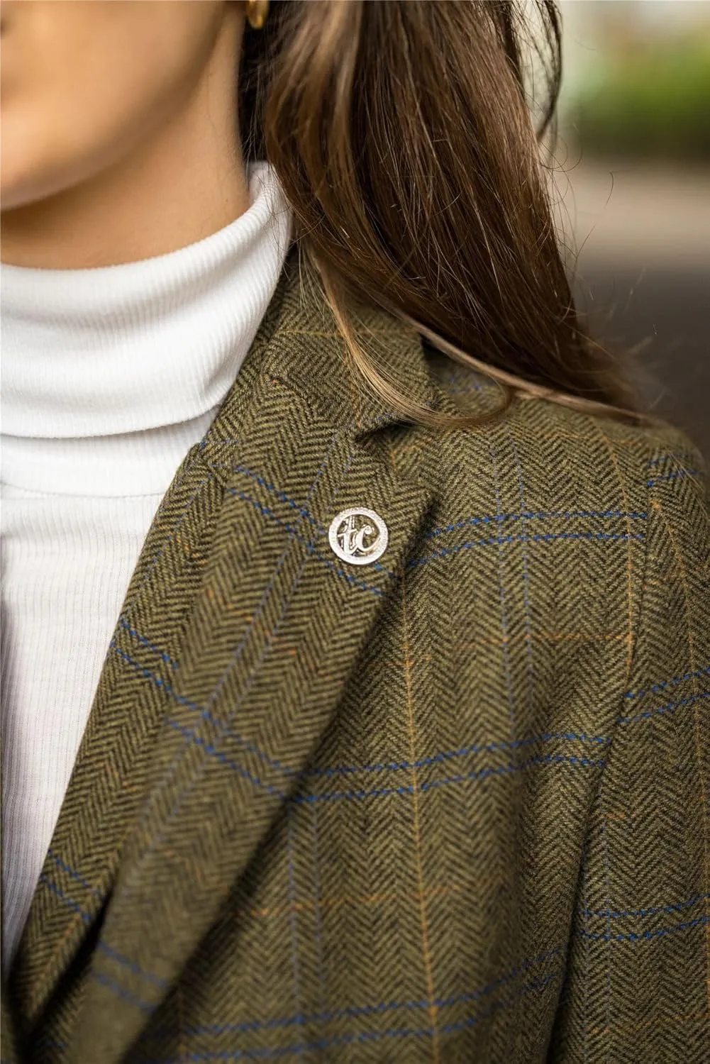 Women's Blazer Wool Blend Tweed Herringbone Checkered Tailored Fit Ladies Country Jacket