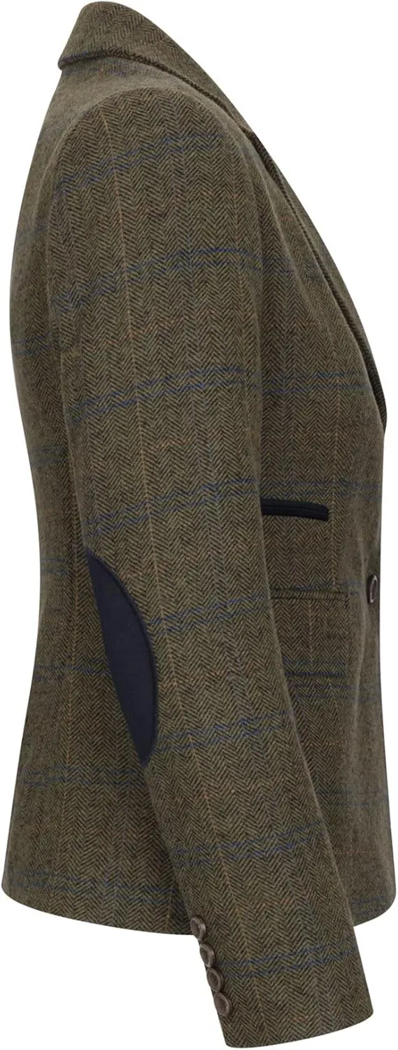 Women's Blazer Wool Blend Tweed Herringbone Checkered Tailored Fit Ladies Country Jacket