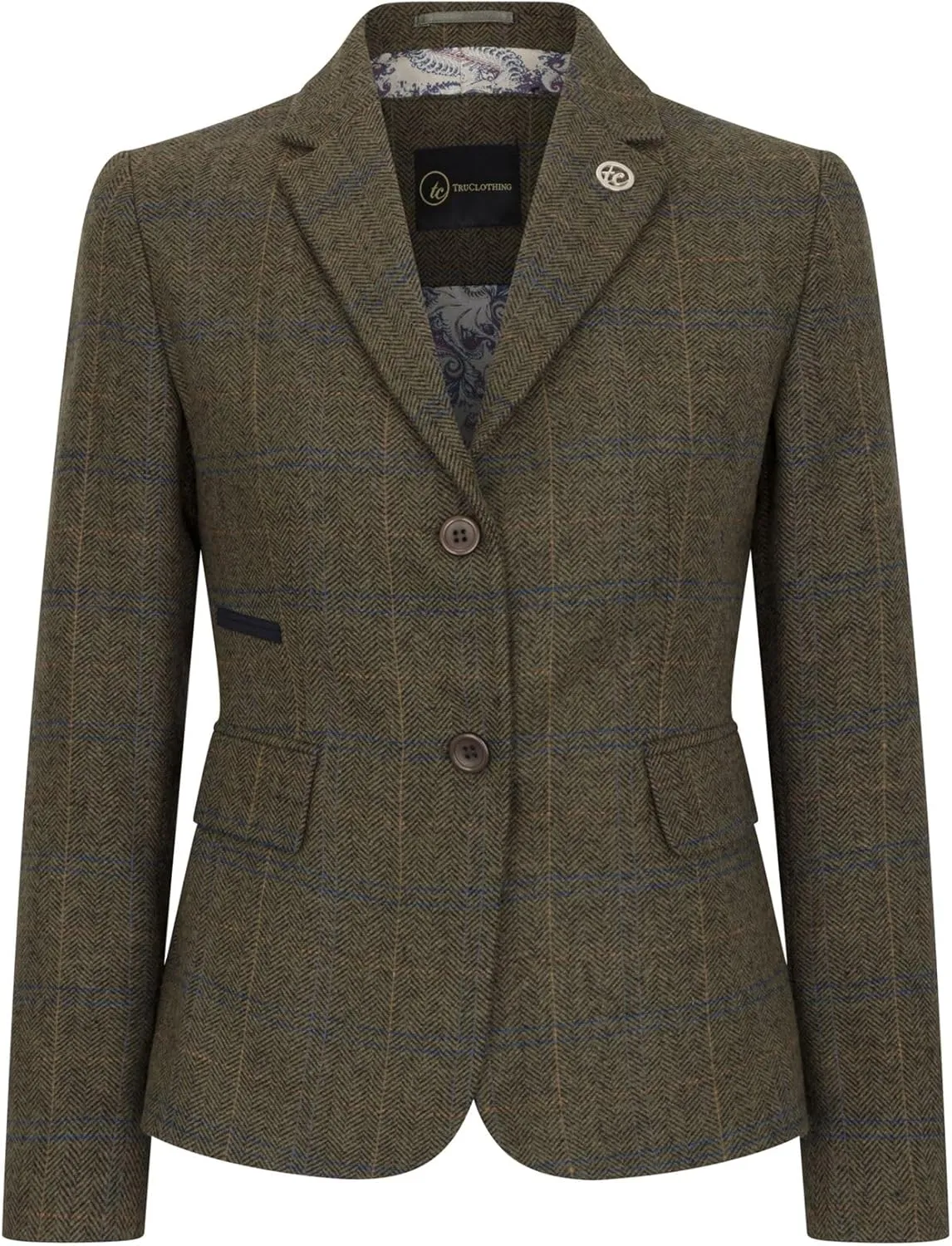 Women's Blazer Wool Blend Tweed Herringbone Checkered Tailored Fit Ladies Country Jacket