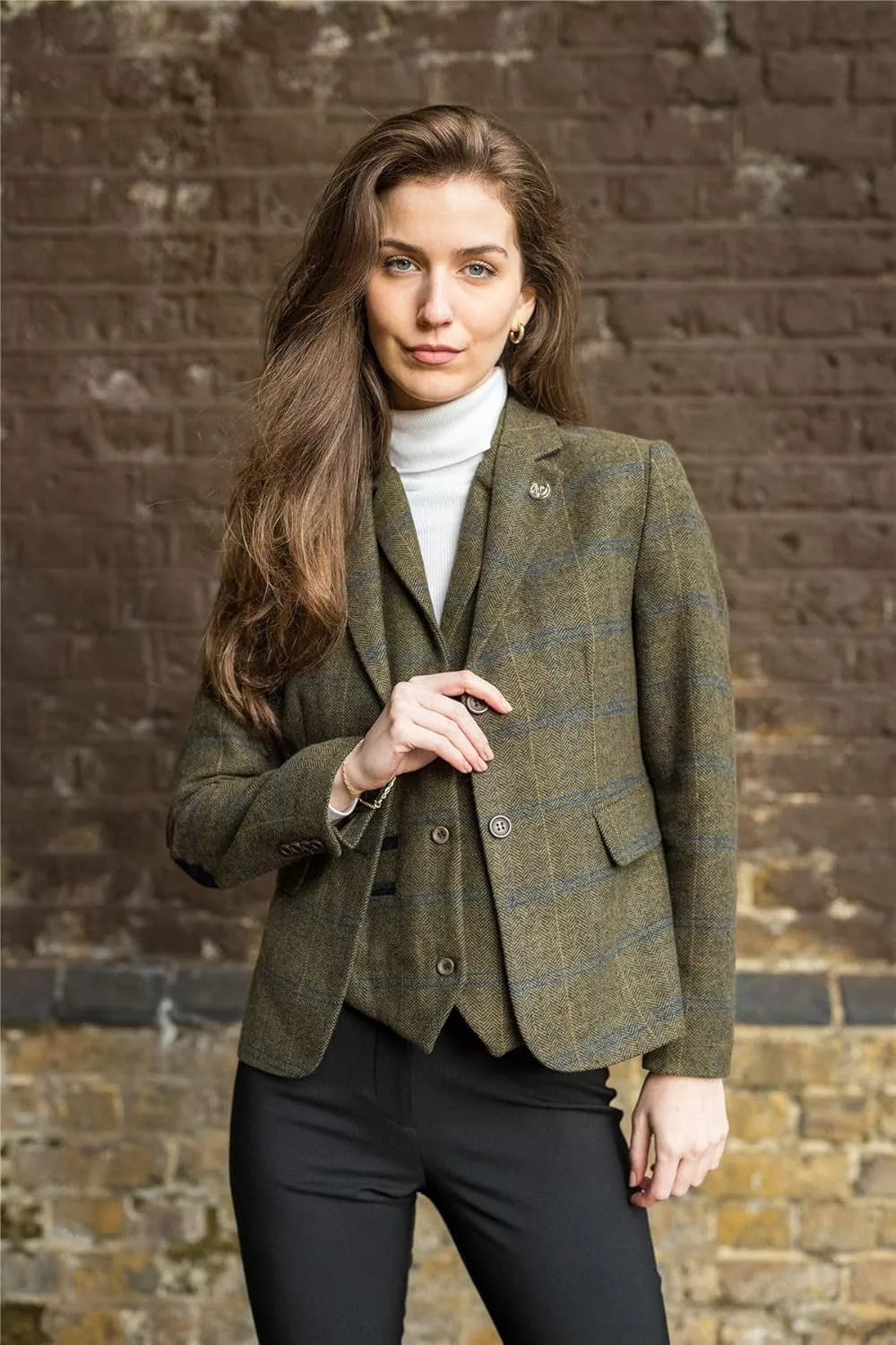 Women's Blazer Wool Blend Tweed Herringbone Checkered Tailored Fit Ladies Country Jacket