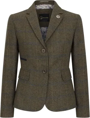 Women's Blazer Wool Blend Tweed Herringbone Checkered Tailored Fit Ladies Country Jacket