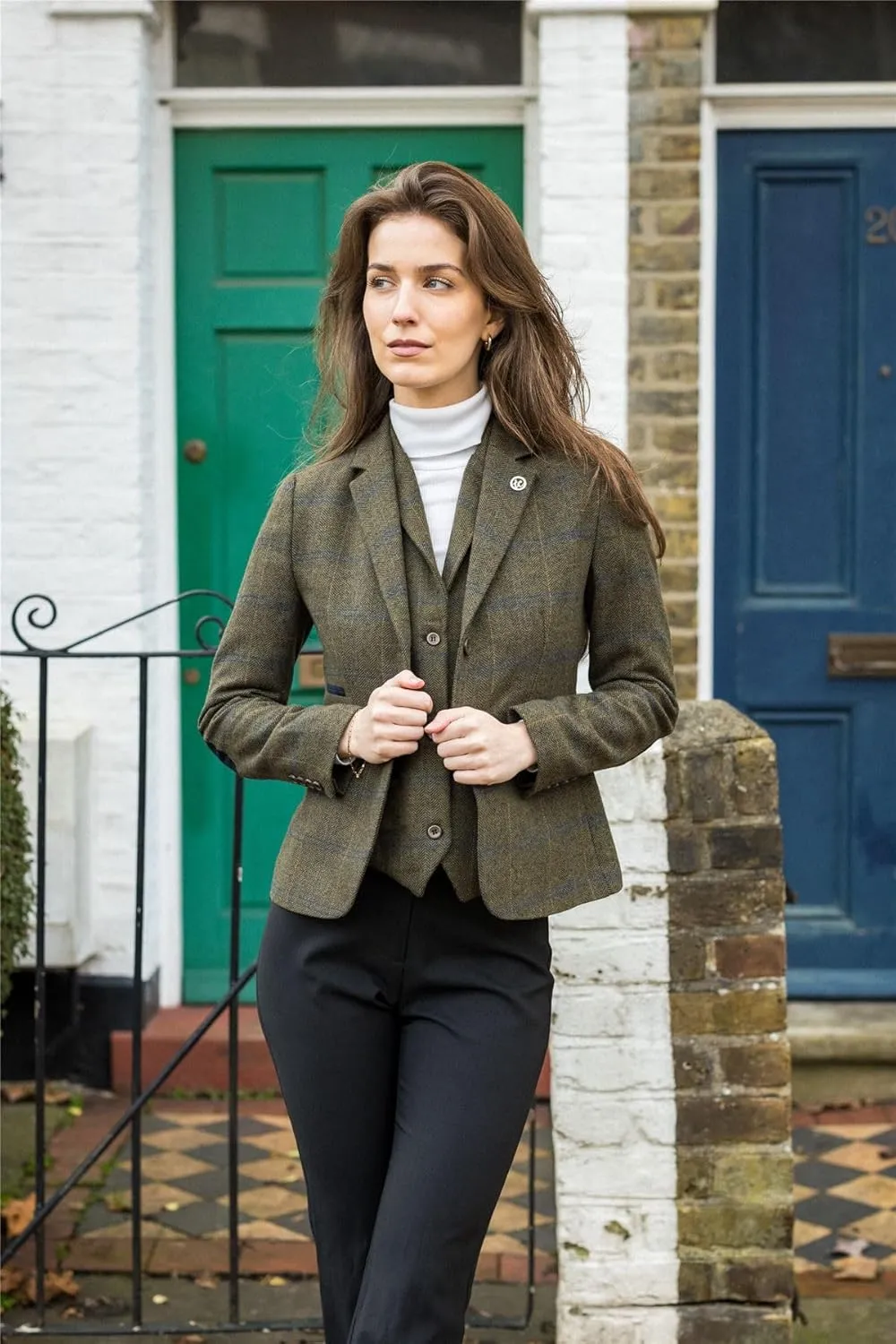 Women's Blazer Wool Blend Tweed Herringbone Checkered Tailored Fit Ladies Country Jacket