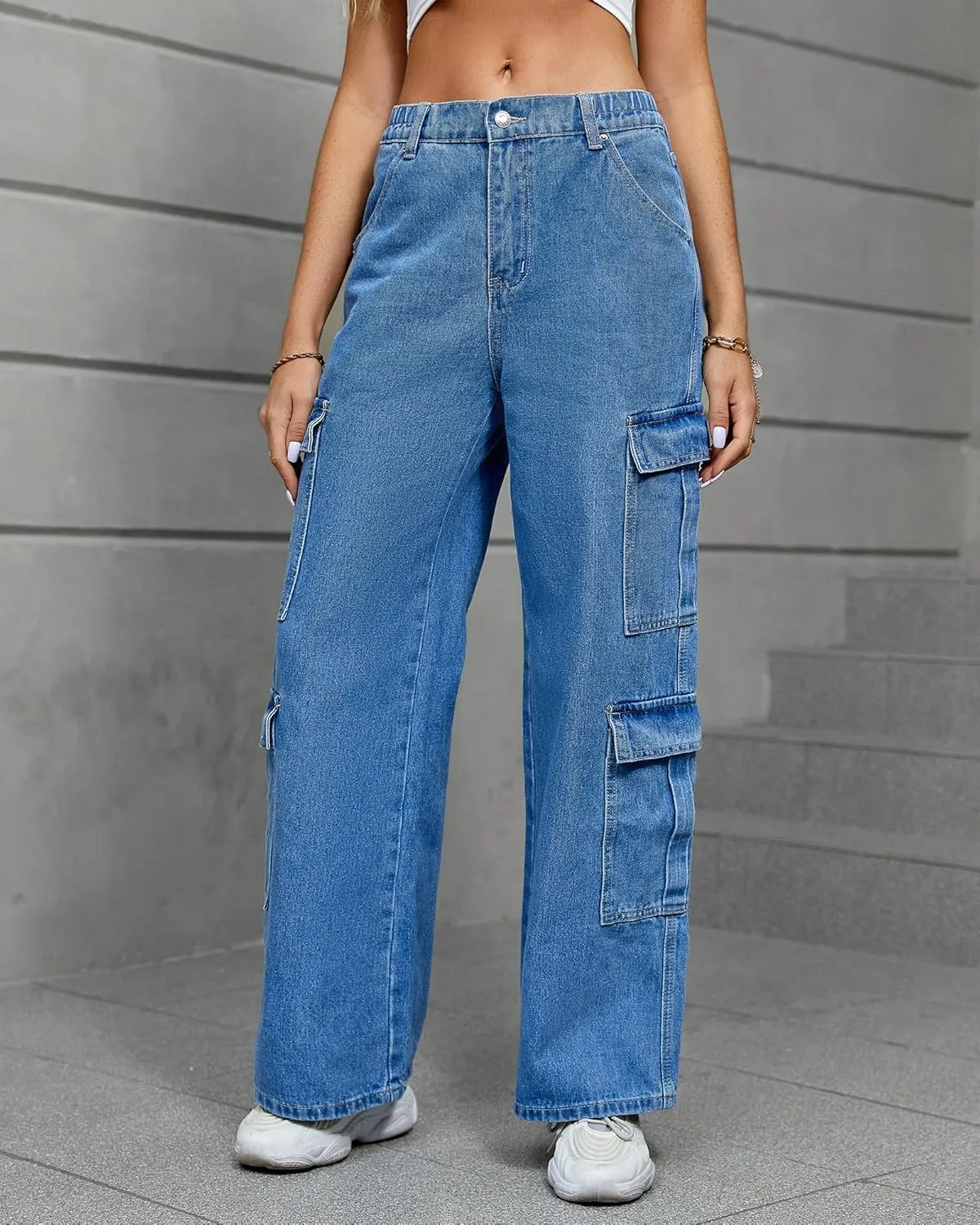Womens Cargo Pants Elastic High Waist Baggy Cargo Jeans Flap Pocket Straight Casual Y2K Streetwear Trousers.