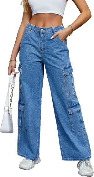 Womens Cargo Pants Elastic High Waist Baggy Cargo Jeans Flap Pocket Straight Casual Y2K Streetwear Trousers.