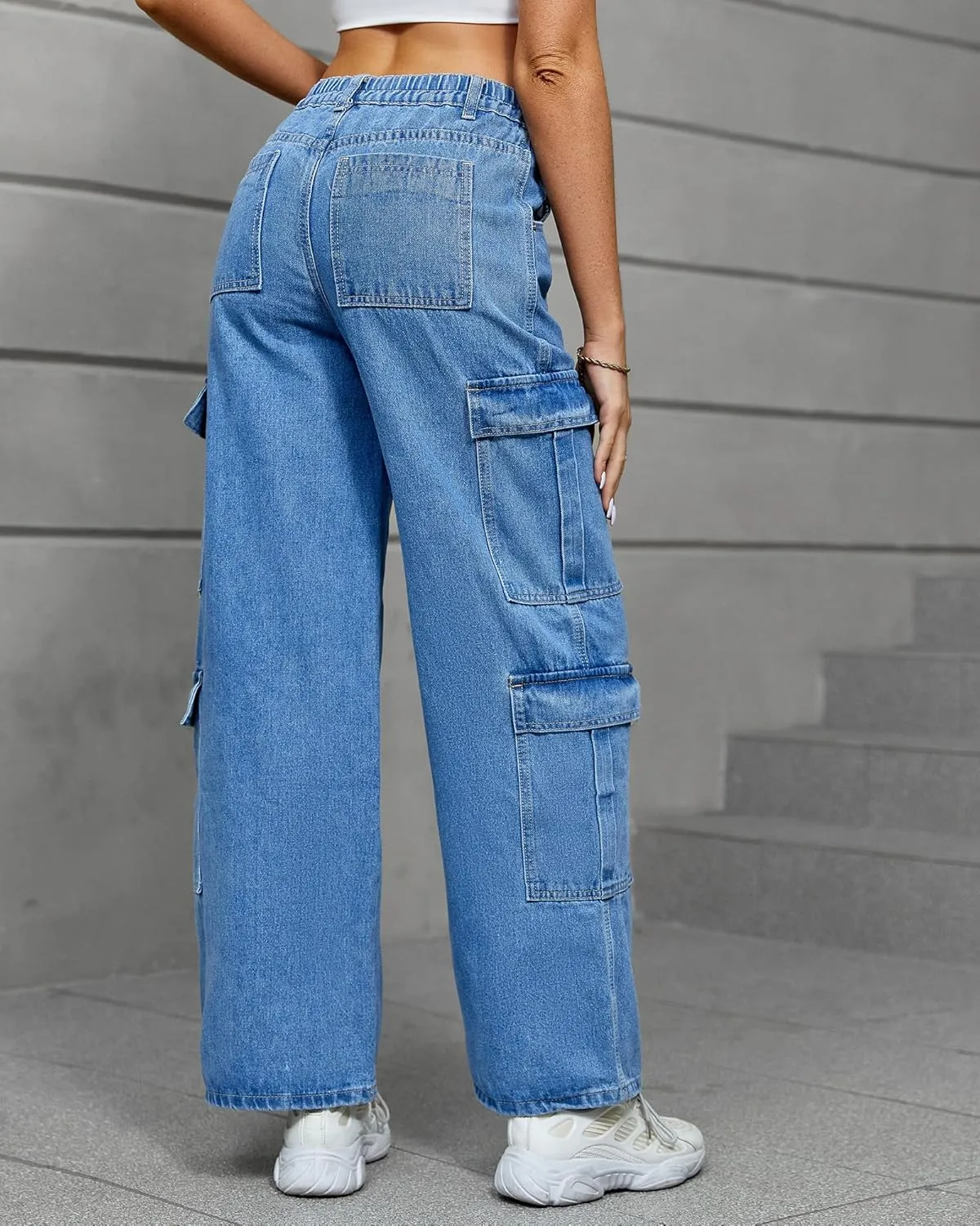 Womens Cargo Pants Elastic High Waist Baggy Cargo Jeans Flap Pocket Straight Casual Y2K Streetwear Trousers.