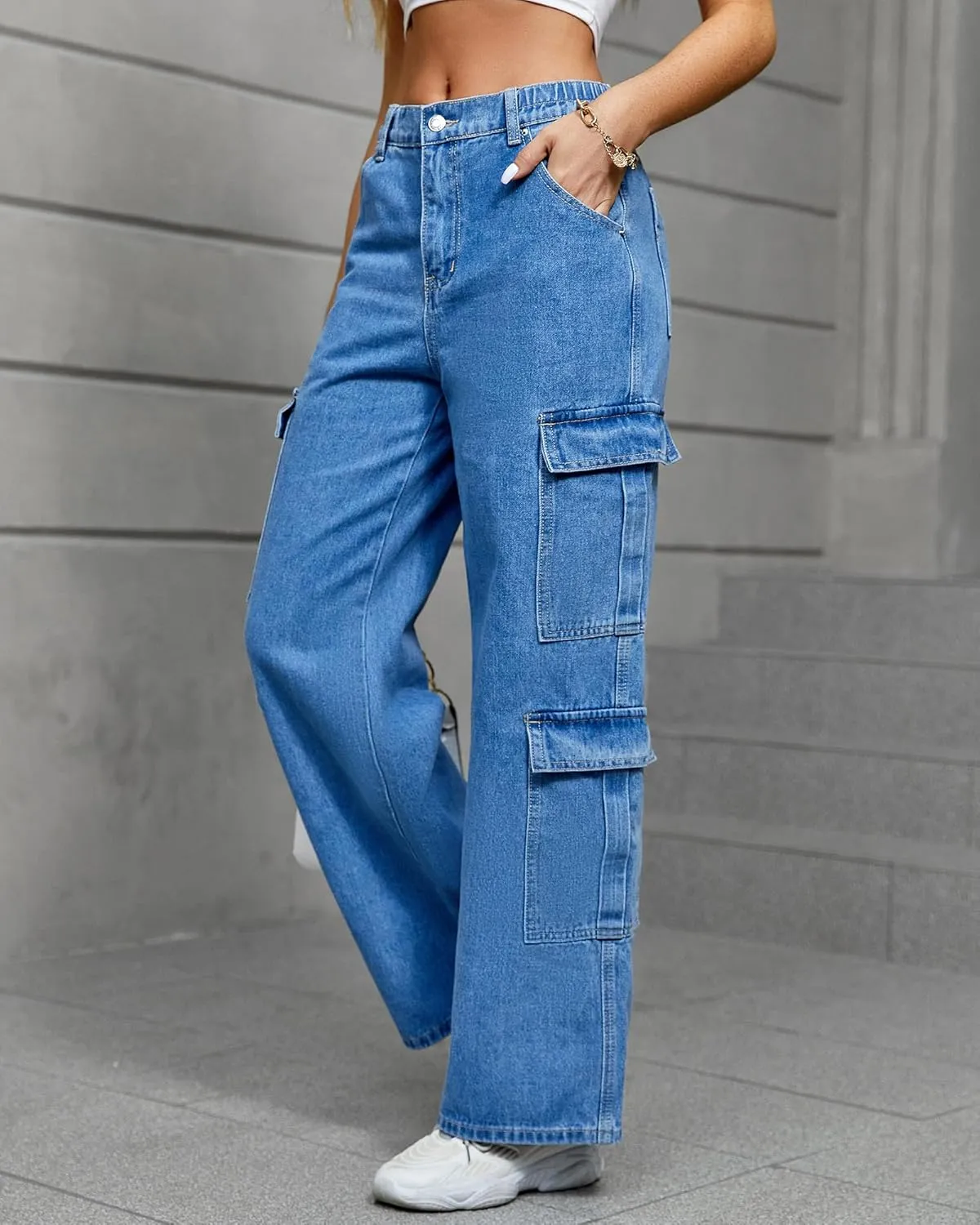 Womens Cargo Pants Elastic High Waist Baggy Cargo Jeans Flap Pocket Straight Casual Y2K Streetwear Trousers.