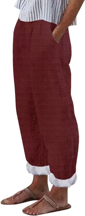 Women's Cotton Linen Capri Pants Elastic High Waisted Straight Leg Lounge Pants Casual Loose Fit Summer Trousers