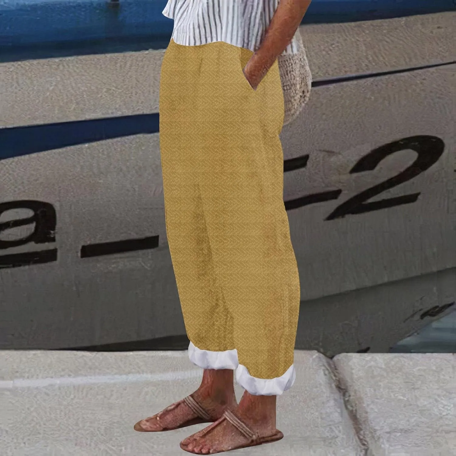 Women's Cotton Linen Capri Pants Elastic High Waisted Straight Leg Lounge Pants Casual Loose Fit Summer Trousers