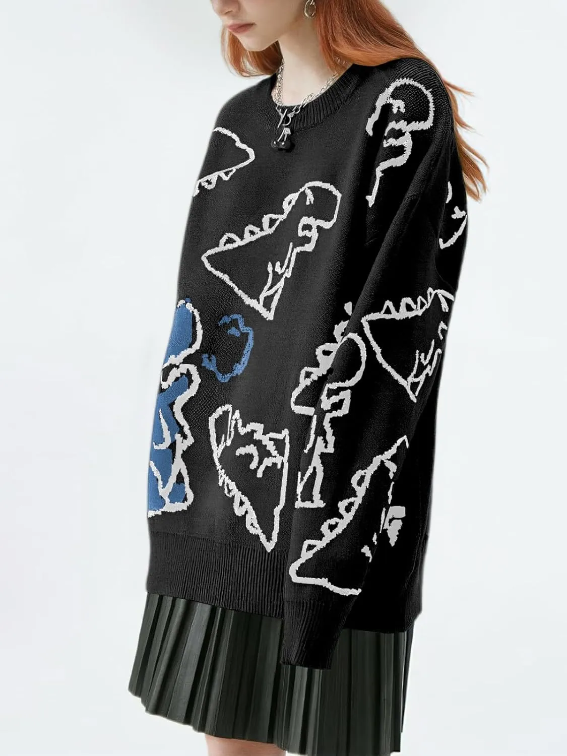 Women's Dinosaur Graphic Sweaters Cartoon Kwaii Knit Crewneck Long Sleeve Oversized Pullover Jumpers