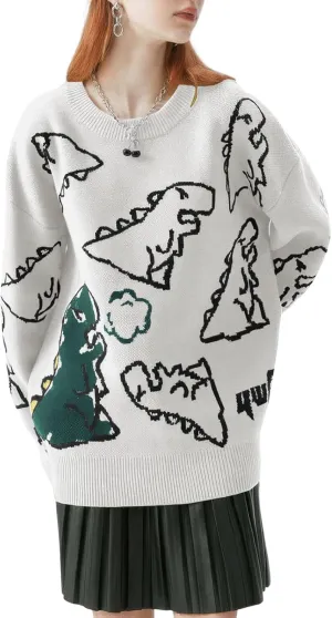 Women's Dinosaur Graphic Sweaters Cartoon Kwaii Knit Crewneck Long Sleeve Oversized Pullover Jumpers