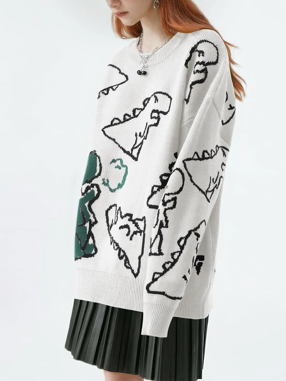 Women's Dinosaur Graphic Sweaters Cartoon Kwaii Knit Crewneck Long Sleeve Oversized Pullover Jumpers