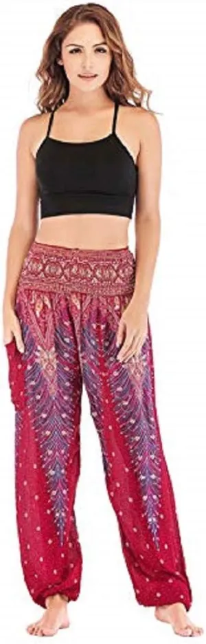 Women's Harem Hippie Pants Baggy Boho Patterned High Smocked Waist Yoga