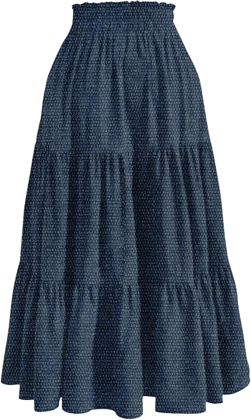 Women's High Waist Long Maxi Skirt Denim Print Flowy Boho A Line Summer Casual Beach Long Skirts