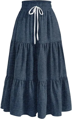 Women's High Waist Long Maxi Skirt Denim Print Flowy Boho A Line Summer Casual Beach Long Skirts