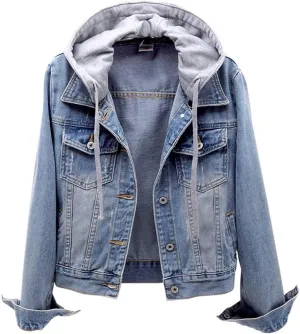 Women's Hooded Jean Jacket Drawstring Layered Washed Long Sleeve Detachable Hoodie Denim Jacket Pockets