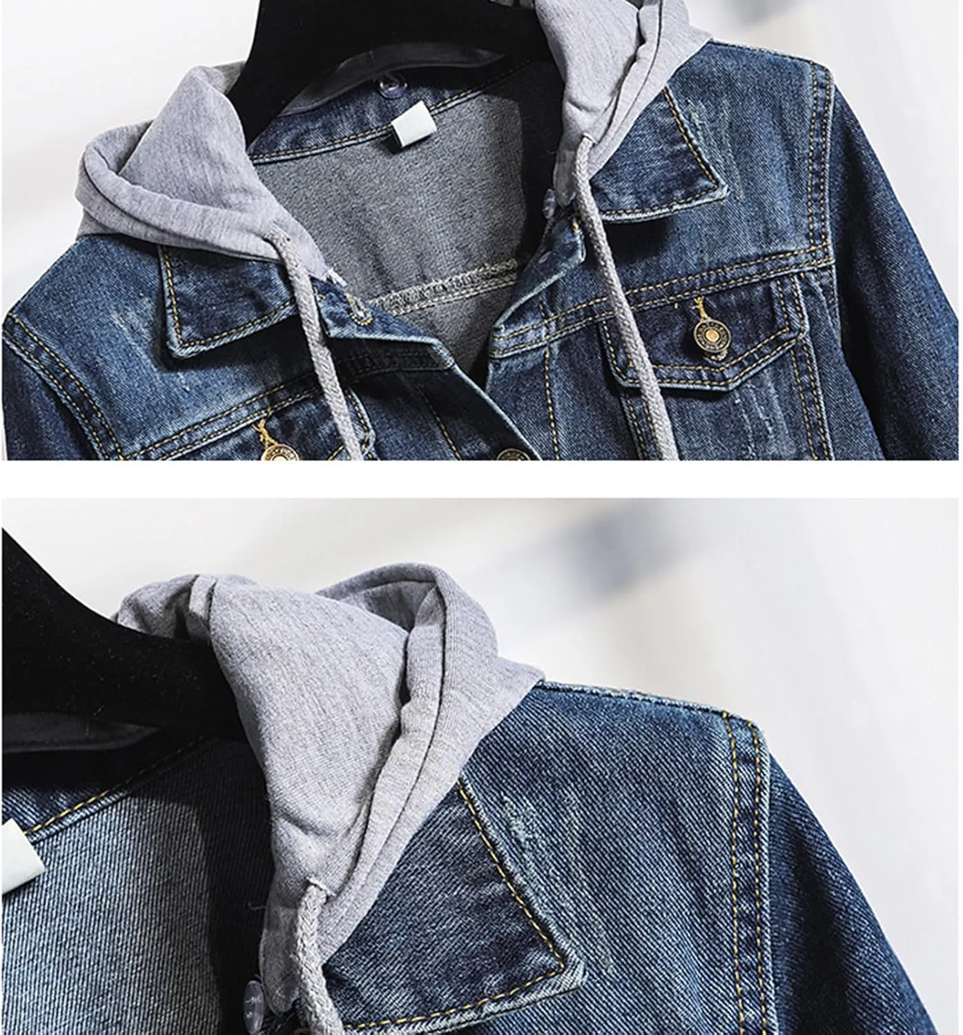 Women's Hooded Jean Jacket Drawstring Layered Washed Long Sleeve Detachable Hoodie Denim Jacket Pockets
