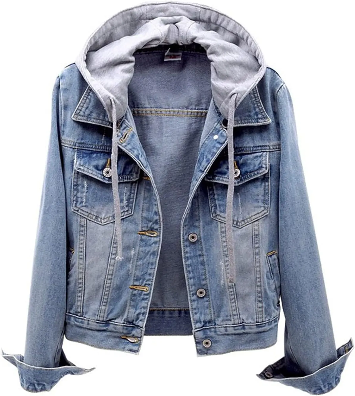 Women's Hooded Jean Jacket Drawstring Layered Washed Long Sleeve Detachable Hoodie Denim Jacket Pockets