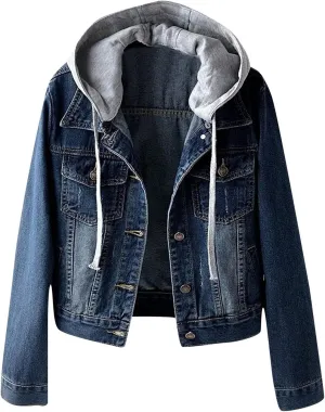 Women's Hooded Jean Jacket Drawstring Layered Washed Long Sleeve Detachable Hoodie Denim Jacket Pockets