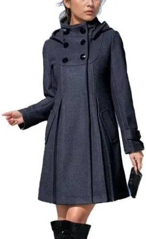 Women's Hooded Winter Coats Mock Neck Fashion Casual Dressy Aline Thick Double Breasted Pleated Swing Pea Coat