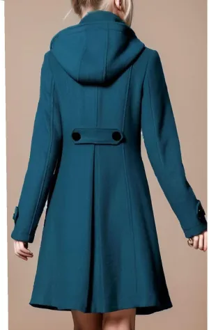 Women's Hooded Winter Coats Mock Neck Fashion Casual Dressy Aline Thick Double Breasted Pleated Swing Pea Coat