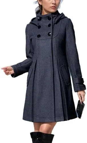 Women's Hooded Winter Coats Mock Neck Fashion Casual Dressy Aline Thick Double Breasted Pleated Swing Pea Coat