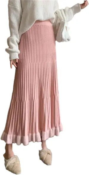Women's Knitted Pleated Skirt Stretch High Waist Patchwork Casual A-Line Midi Skirts