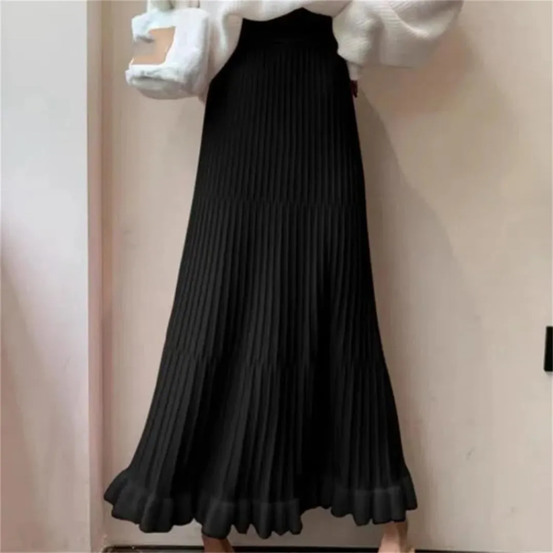 Women's Knitted Pleated Skirt Stretch High Waist Patchwork Casual A-Line Midi Skirts