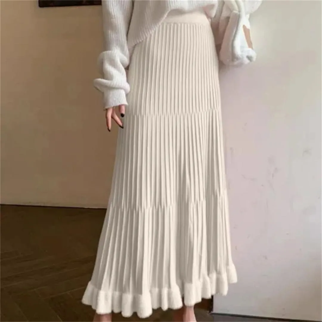 Women's Knitted Pleated Skirt Stretch High Waist Patchwork Casual A-Line Midi Skirts