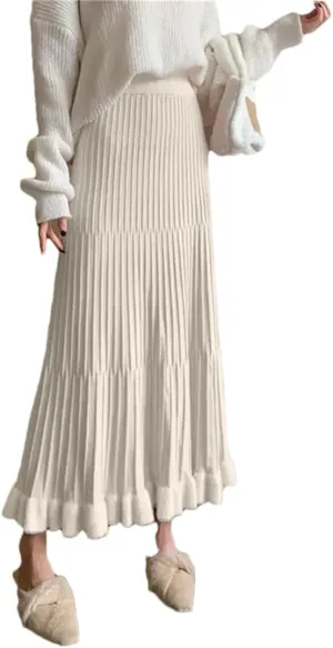 Women's Knitted Pleated Skirt Stretch High Waist Patchwork Casual A-Line Midi Skirts