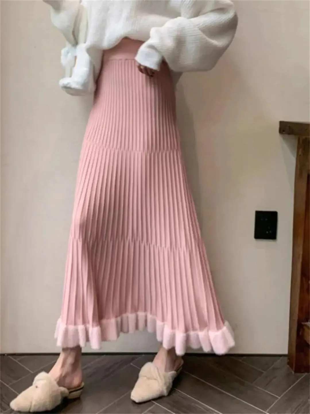 Women's Knitted Pleated Skirt Stretch High Waist Patchwork Casual A-Line Midi Skirts