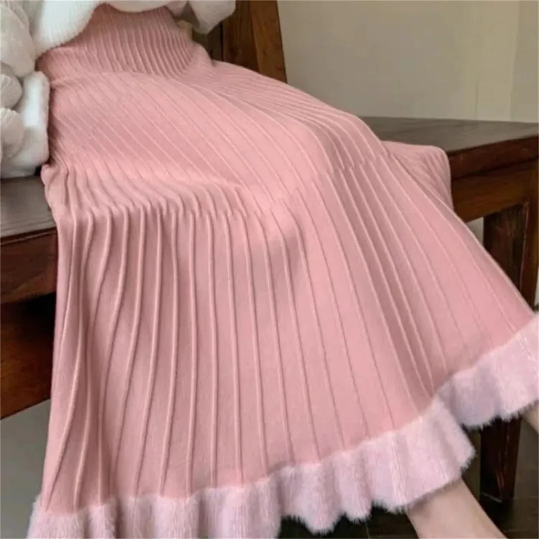 Women's Knitted Pleated Skirt Stretch High Waist Patchwork Casual A-Line Midi Skirts