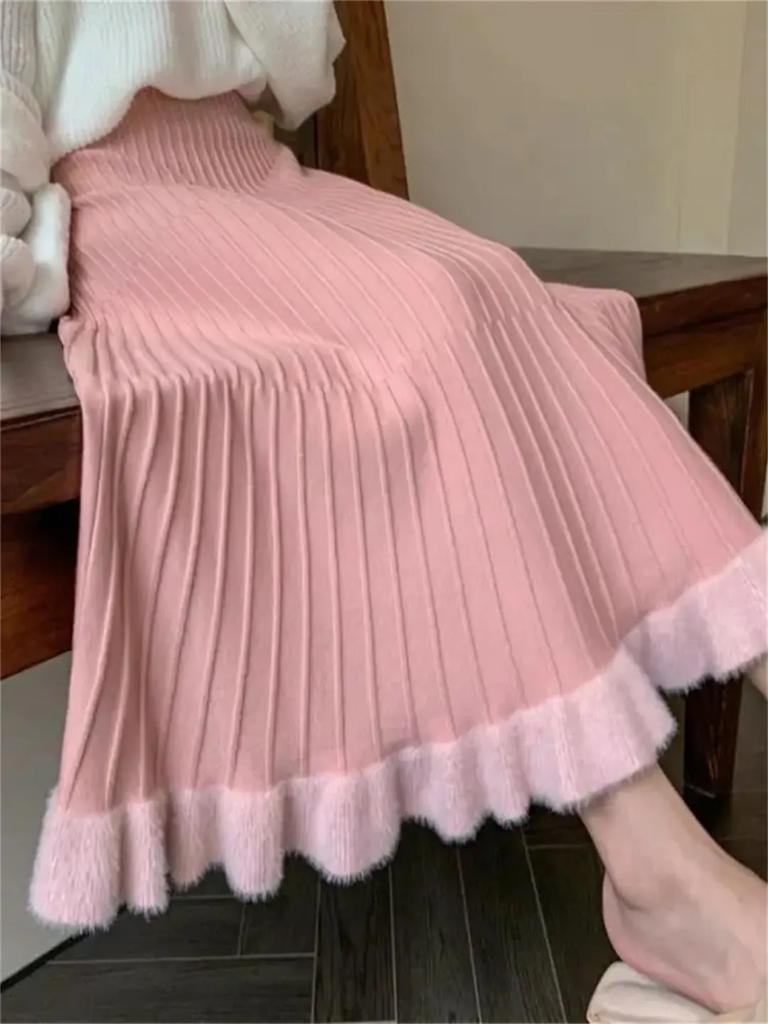 Women's Knitted Pleated Skirt Stretch High Waist Patchwork Casual A-Line Midi Skirts